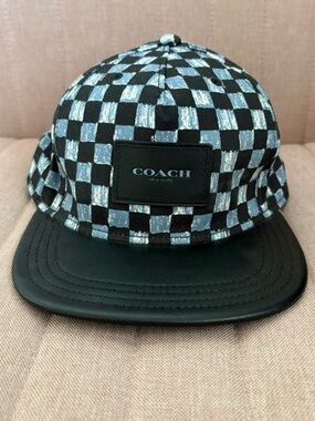 Coach Black and Light Blue Checkered Hat with Leather Brim